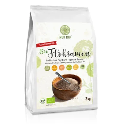 Produktbild von NUR BIO Flohsamen 3 kg 99% Reinheit GANZE PSYLLIUM SEEDS natürlicher Ballaststoff