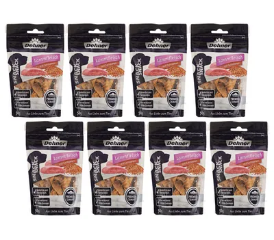 Produktbild von Dehner Premium Hundesnack, hochwertiges Leckerli getreidefrei, Kausnack für Hunde, Lebensmittelqualität, Lammfleischstreifen, 8 x 50 g (400 g)