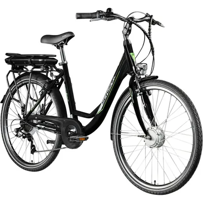 A studio shot of a black electric bicycle against a white background.