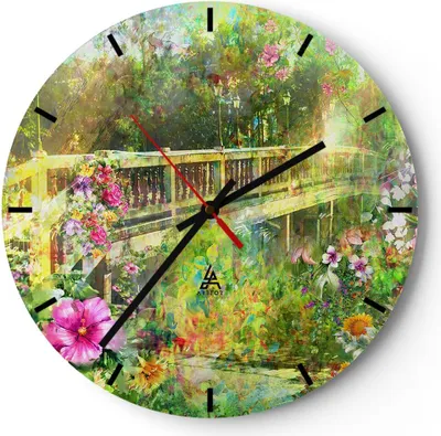 Produktbild von Wanduhr - Rund - Glasuhr - Brücke Park Blume Frühling - 30x30cm - Schleichendes Uhrwerk - Lautlos - zum Aufhängen bereit - Dekoration Modern - Wanddekoration aus Glas - C3AR30x30-2906
