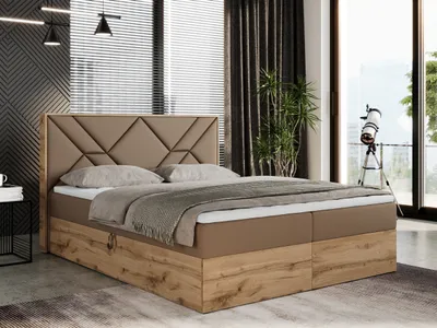 Produktbild von Boxspringbett 160x200 mit Bettkasten, Polsterbett 160x200 mit Matratze H3, Boxspringbett 160x200 mit Kopfteil, Boxspringbett mit Massivholz - Gunar - Braun Kunstleder - H3