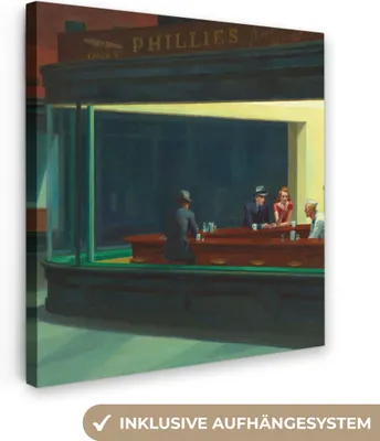 Produktbild von MuchoWow® - Leinwandbilder - Nighthawks - Edward Hopper, Wandbild, Wanddeko Bilder Wohnzimmer, 90x90 cm