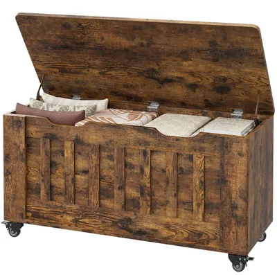 Produktbild von Holz Aufbewahrungsbank - Truhe mit Rollen - 100 cm Breite - Deckel mit 2 Sicherheitsscharnieren - Tragkraft 160 kg - Abgerundete Ecken, U-Griff - Braun