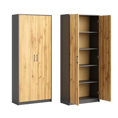 Produktbild von Aktenschrank mit 5 Fächern Mehrzweckschrank Haushaltsschrank in mattem Finish mit 4 Einlegeböden und 2 Türen graphit Eiche