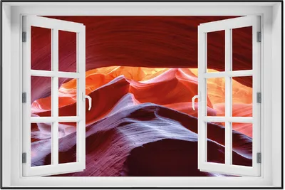 Produktbild von Wallario Wandbild mit Fenster-Illusion: Antelop Canyon USA  Kalksandsteingebirge in leuchtenden Farben, Größe: 61 x 91,5 cm, Poster mit schwarzem Aluminiumrahmen