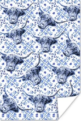 Produktbild von MuchoWow® Poster Schottischer Highlander - Tiere - Delfter Blau 120x180 cm - Kunstposter