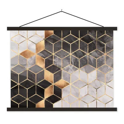 Produktbild von MuchoWow® Textilposter Abstrakt - Würfel - Gold - Muster - Schwarz - Weiß 150x113 cm mit schwarzem Rahmen - Wohnzimmer