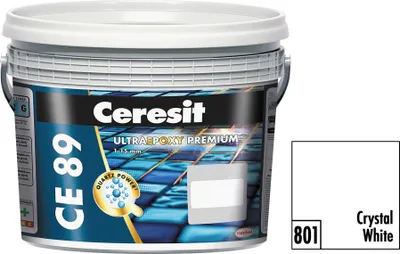 A bucket of Ceresit CE 89 UltraEpoxy Premium grout and a color swatch.