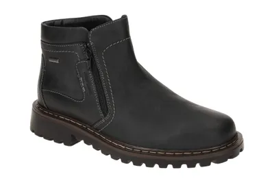A black leather boot on a white background.