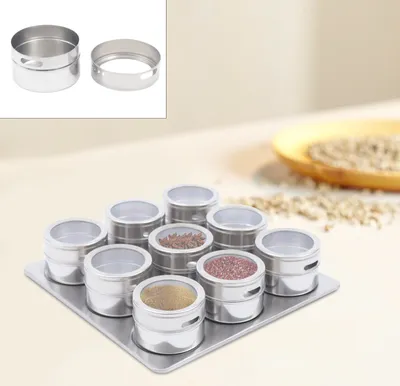 Zdjęcie produktu dla 9-częściowy magnetyczny słoik na przyprawy ze stali nierdzewnej Metal Odporny na zużycie