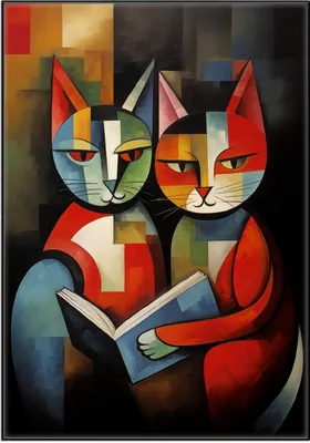 Produktbild von Wallario Wandbild Lesende Katzen, Größe: 70,30 x 100,30 cm, Poster mit schwarzem Aluminiumrahmen