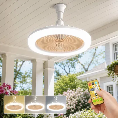 Productafbeelding van Mini plafondventilator met LED-lamp, E27, 25 cm - Dimbaar, 360° draaibaar, stille ventilatorlamp, geschikt voor garages