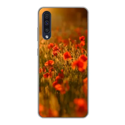 Produktbild von MuchoWow® Handyhülle Schutzhülle Hülle für Samsung Galaxy A30s Orangefarbenes Leuchten über den Mohnblumen auf dem Feld Silikon Softcase Handy Hülle - Karteninhaber