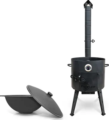 Produktbild von Posylka.de Feuerstelle Set Ø 40 cm Kasan 12 L flach 5 Artikel Deckel Feuerhaken Thermometer, (5-St)