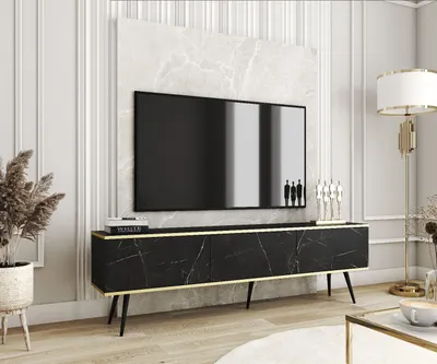 Produktbild von TV-Schrank ORO 175 Schwarz/ Marmor+ Gold mit Schwarze Füße TV-Lowboard Fernsehtisch
