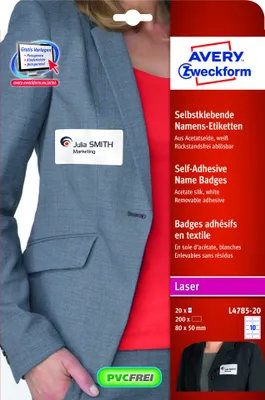 Produktbild von Avery Zweckform L4785-20 Namensetiketten, 80 x 50 mm, 20 Blatt/200 Etiketten, weiß