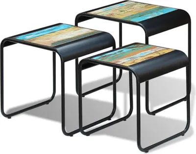 Produktbild von dkd-home-decor Satztisch-Set aus recyceltem Massivholz und Stahl, mehrfarbig, Vintage, stapelbar, 54x45x56cm