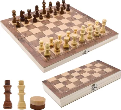 Produktbild von 3-in-1 Holzschachspiel - Tragbares Schachbrett mit handgefertigten Figuren und Aufbewahrungsbox