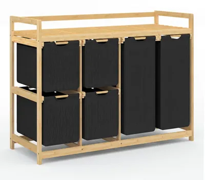 Waschkorb 200 l, 6 Fächer, Bambus, Schwarz