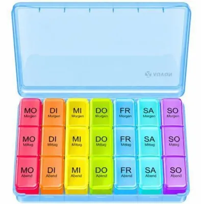 Produktbild von Tablettenbox 7 Tage Morgens Mittags Abends Farbverfolgung 3 Fächer Lichtundurchlässig Blau Tragbar