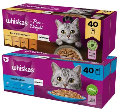 Produktbild von Whiskas Adult 80x85g Fischleckerbissen und Geflügel-Köstlichkeiten Nassfutter für ausgewachsene Katzen, 8 Geschmacksrichtungen in Gelee