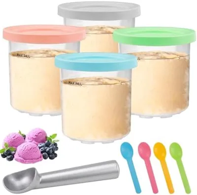 Produktbild von PolkaHome® Set von 4 Eisbehältern mit Deckeln – stapelbar, BPA-frei, spülmaschinengeeignet, 12x18x18 cm