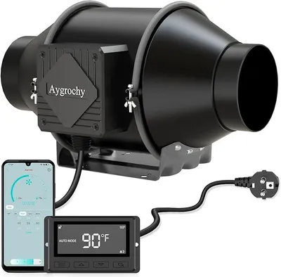 Zdjęcie produktu dla Wentylator kanałowy 100 mm, silnik EC 30W, przepływ 363 m³/h, 2800 obr./min. Wentylator wyciągowy z regulacją temperatury i wilgotności, przeznaczony do namiotów uprawowych, do odprowadzania powietrza i dymu, z aplikacją WiFi