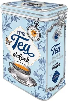 A decorative tin box with a vintage tea-themed design.