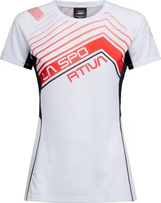 Weißes Wave T-Shirt W von La Sportiva mit roten und schwarzen Designelementen; für Damen.