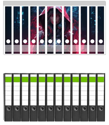 Produktbild von Wallario 12 Stück schmale Ordner inkl. Klebeetiketten mit Motive Schattenwolf und Kriegerin - Set mit Rückenschildern / Ordnerrücken Stickern