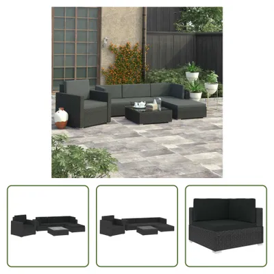 Image de The Living Store Ensemble de salon de jardin 6 pièces avec coussins Poly Rattan Noir