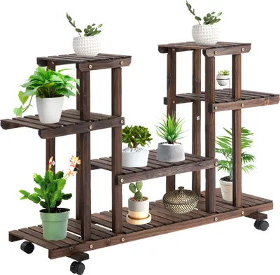 Produktbild von Blumentreppe Massivholz Braun 6 Regale 4 Rollen 123,5x33x80 cm