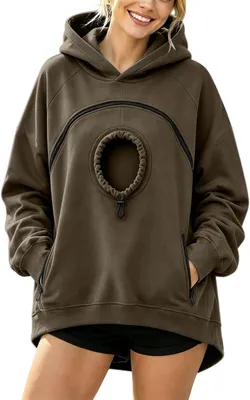 Produktbild von ASKSA Hoodie Damen Herren Uni Pullover Katzenpullover Mit Zipper Tasche,Pullover Mit Hundetasche Katzentasche (Armeegruen,M)