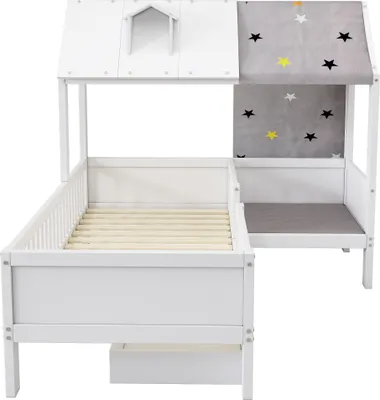 Produktbild von Flieks Kinderbett 90x200cm mit Rausfallschutz und Lattenrost, Hausbett mit Schublade und Sessel, Holzbett Einzelbett für Kinder ohne Matratze, Weiß