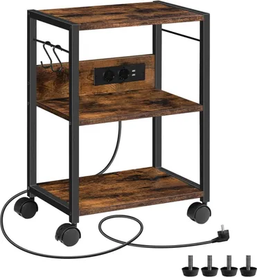 A three-tier rolling cart with a vintage brown wood finish and black metal frame, featuring a built-in power strip with outlets and USB ports. The cart is shown with its wheels and a power cord, along with four screw-in feet as an alternative to the wheels