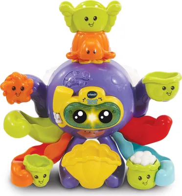 A colorful Vtech bath toy octopus with various attachments and cups.
