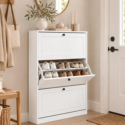 Imagen del producto de Zapatero estrecho, blanco, con 3 puertas, dimensiones 80 x 24 x 117 cm, ideal para recibidores
