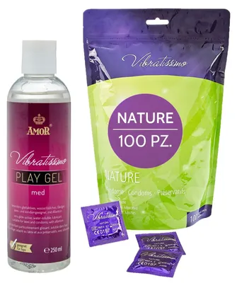 Image de Préservatifs VIBRATISSIMO Nature, paquet de 100 et gel lubrifiant | Extra lubrifiés | Parois fines et couleurs naturelles | Sensation authentique, ultra-fins | Contraception | B = 53 mm