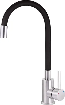 A black and silver kitchen faucet against a white background.