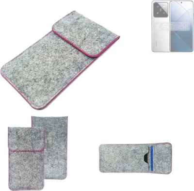 Produktbild von K-S-Trade Handy Schutz Hülle kompatibel mit Xiaomi 14 Schutzhülle Handyhülle Filztasche Pouch Tasche Case Sleeve Filzhülle hellgrau pinker Rand