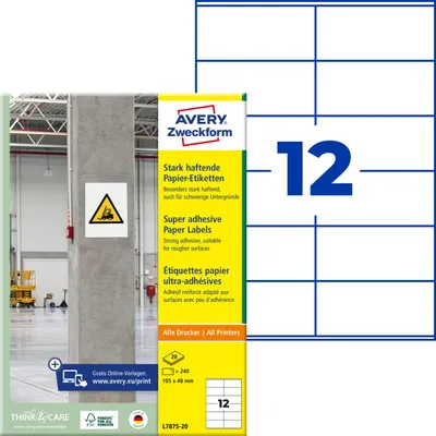 Zdjęcie produktu dla Avery L7875-20, Biały, Prostokąt, Na stałe, DIN A4, Papier, Laser/Atrament