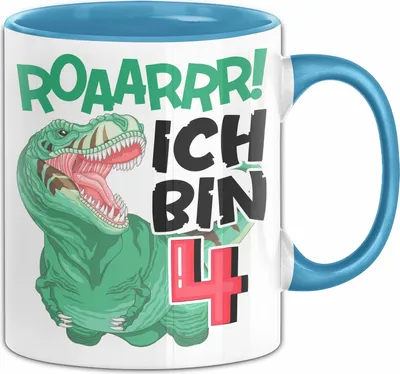Produktbild von 4. Geburtstag Geschenk Tasse Becher Jungs Dino T-Rex Roaarrr Ich Bin 4 (Blau)