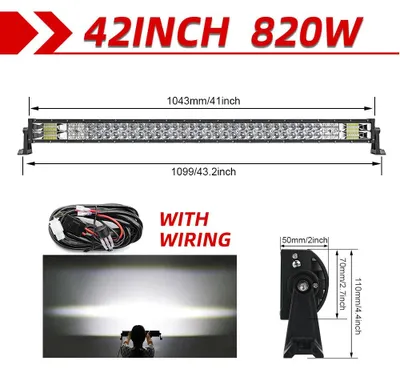 Image de Barre lumineuse pour voitures et camions - Éclairage LED - 42 pouces - Droite, avec câble - 90 000 lumens