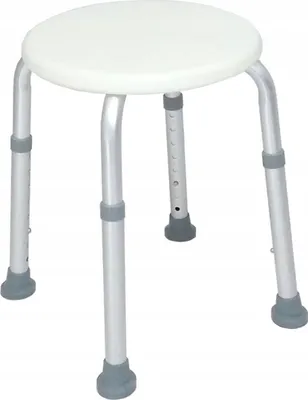A white shower stool with adjustable metal legs.