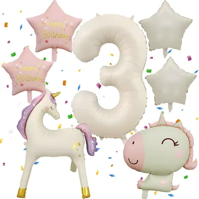 Imagen del producto de Conjunto de globos con forma de unicornio, número 3, de 7 piezas, para fiestas de cumpleaños infantiles