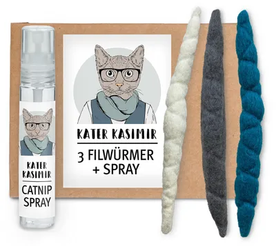 Katzenspielzeug: 3 Filzwürmchen + Katzenminze Spray