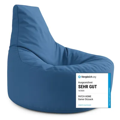 A blue beanbag chair with a white and blue overlay in the bottom right corner.