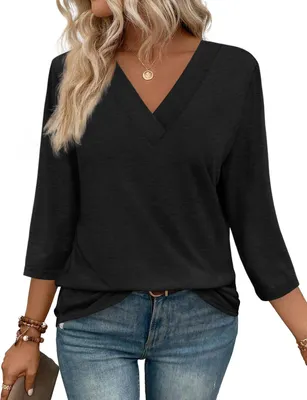 Produktbild von ASKSA Damen T-Shirt V-Ausschnitt 3/4 aermel Basic Tops Sommer Bluse Elegant Einfarbig Laessig Arbeits Oberteile (Schwarz,XXL)