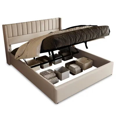 Produktbild von Stauraumbett Polsterbett Hydraulisch Doppelbett 140x200cm, Lattenrost aus Holz, Bett mit Lattenrost aus Metallrahmen, Leinen, Beige
