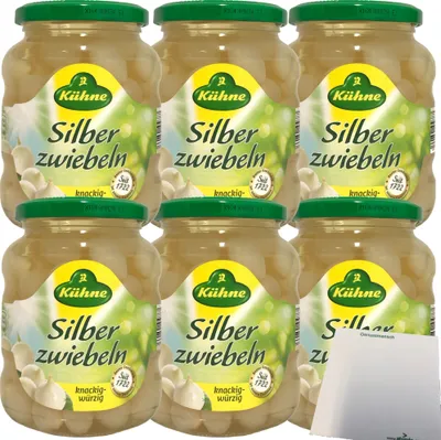 Produktbild von Kühne Silberzwiebeln in pikantem Aufguss 6er Pack (6x330g Glas) + usy Block